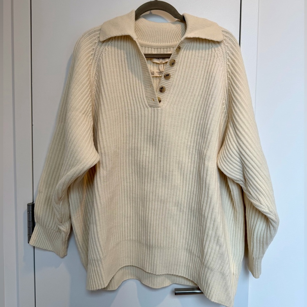 Mara Hoffman 100% Wool Juliana Cream Ribbed Button Collared Sweater 2X Plus Size